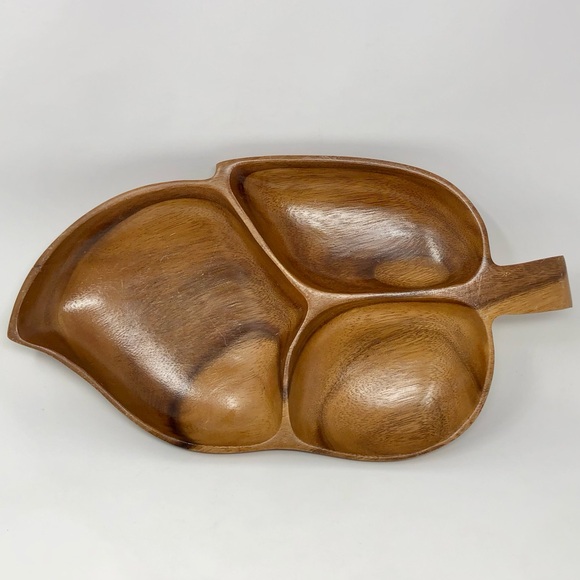 Alii Woods Honolulu Vintage MCM Leaf Monkey Pod Wood Divided Relish Snack Plate - Picture 2 of 10